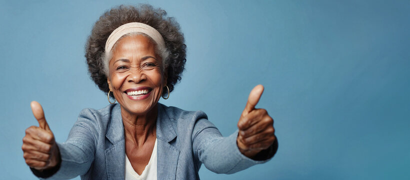 Beautiful elderly lady afro American happy with your thumbs on, isolated on blue background and space for the text.