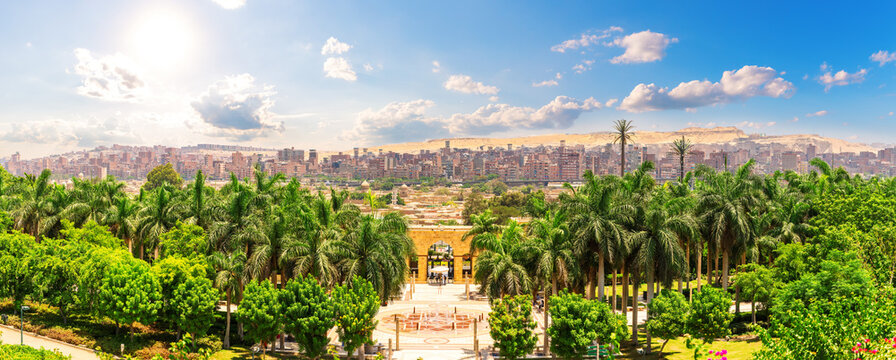 Great panorama of Cairo, old buildings and typical living district, Al-Azhar Park, Egypt