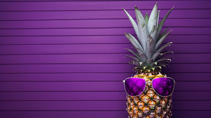 Trendy Pineapple with Heart-Shaped Sunglasses on Purple Wall