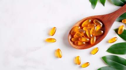 Cod liver oil omega 3 gel capsules with green leaves on white marble background.