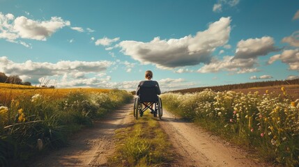 A person in a wheelchair navigates through the summer landscape, surrounded by fields of grass and flowers, their bicycle riding days replaced with the freedom of hiking along the dirt road under a c