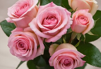 Festive congratulatory bouquet of pink roses with green leaves on a light background
