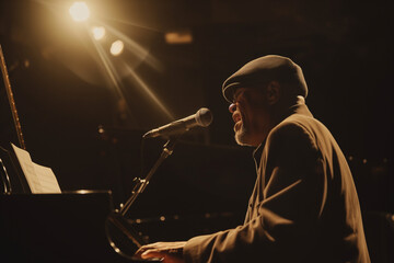 Jazz Singer and Pianist, voice of an older man experienced in music who sings while playing an improvisation with the piano on a stage - obrazy, fototapety, plakaty