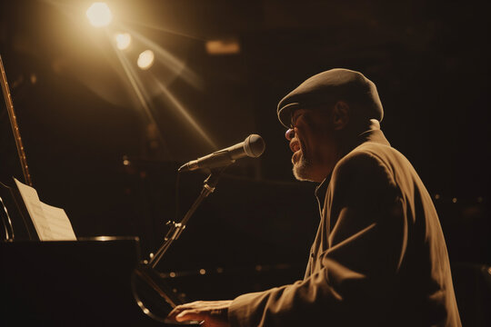 Jazz Singer and Pianist, voice of an older man experienced in music who sings while playing an improvisation with the piano on a stage