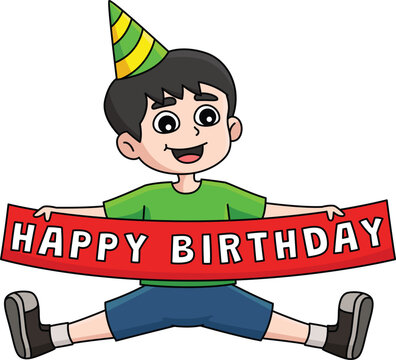 Boy with a Happy Birthday Banner Cartoon Clipart 