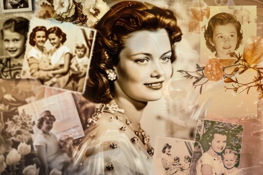 A collage showcasing various old photos capturing the life and memories of a woman from different stages of her life, reflecting her journey and experiences