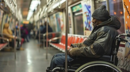 A man in a wheelchair sits alone on a subway train, surrounded by the bustling city streets and buildings, his clothing blending in with the indoor environment