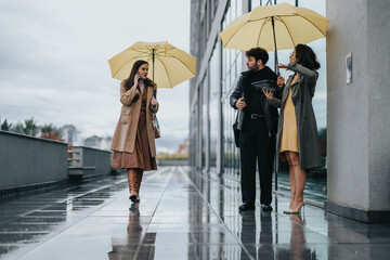 Two women and a man in business attire using yellow umbrellas on a wet city sidewalk, showcasing...