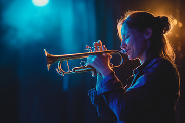 Jazz Trumpeter, woman full of rhythm on a stage of an improvisation venue giving her music and passion
