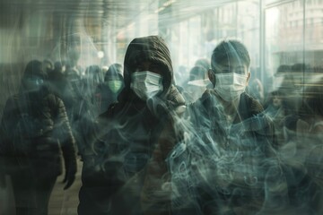 A diverse group of individuals wearing face masks walking down a city street, symbolizing unity and resilience in the face of the ongoing pandemic