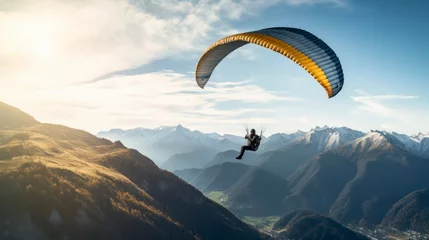 Gordijnen Paraglider flying over the mountains. © Voilla
