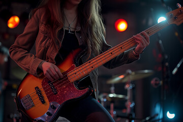 Jazz Guitarist or Bassist, woman with energy and rhythm on a stage for rock shows and musical...