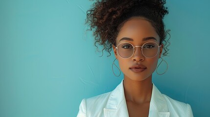 A fashionable woman with round glasses and a white blazer.