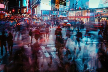 Crowds of people hurry along the bustling city street, blurred by motion and activity. Cars whiz by, storefronts buzz with energy, and the city comes alive