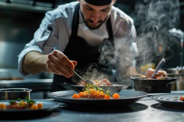 A skilled chef is carefully preparing a unique and artistic culinary dish on top of a sleek black plate, showcasing creativity and precision in gastronomic experience - obrazy, fototapety, plakaty