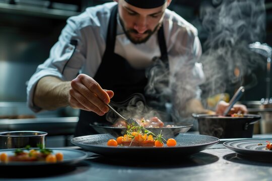A skilled chef is carefully preparing a unique and artistic culinary dish on top of a sleek black plate, showcasing creativity and precision in gastronomic experience