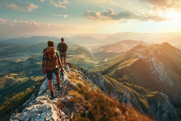 Fototapeta premium Two adventurers stand triumphantly on top of a mountain, overlooking breathtaking views, symbolizing achievement, perseverance, and a sense of accomplishment