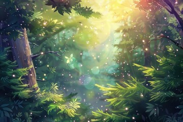 A vivid and detailed painting of a lush forest filled with a variety of tall trees, creating a mesmerizing and magical scene