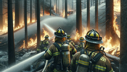 Firefighters battle burning forests. Firefighters extinguish a burning forest.