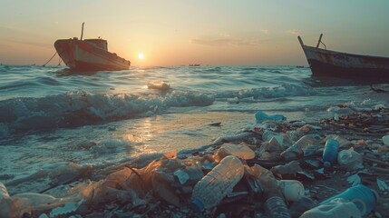 A solitary boat braves the plastic-strewn waters of a rocky beach, as the sun sets on a polluted ocean, showcasing the destructive impact of human transport on our natural landscapes