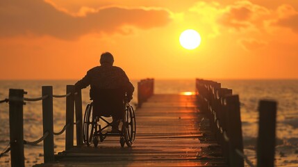 A man in a wheelchair watches the sun set over the ocean, feeling at peace on the wooden dock surrounded by the beauty of nature - obrazy, fototapety, plakaty