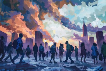 A diverse group of people is standing in front of a vibrant cityscape, symbolizing hope and resilience in the post-pandemic world - obrazy, fototapety, plakaty