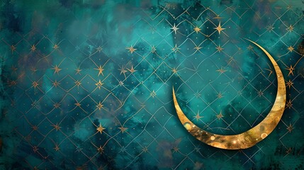 Golden crescent on a starry teal background. mystical night sky digital artwork. elegant celestial theme for design use. AI - obrazy, fototapety, plakaty