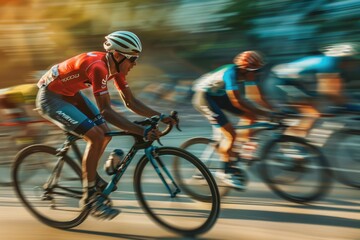 A lively group of individuals riding bicycles down a vibrant city street, showcasing motion and unity in their cycling activity