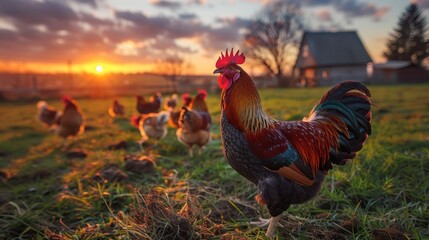Hens and roosters in the field at sunset generative ai - obrazy, fototapety, plakaty