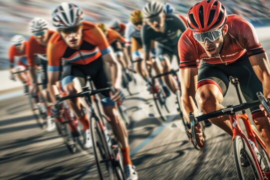 A group of cyclists is energetically riding their bikes down a picturesque road, showcasing a mix of determination and camaraderie as they race through the landscape