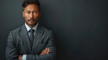 Mature businessman in a gray suit looking serious and confident.