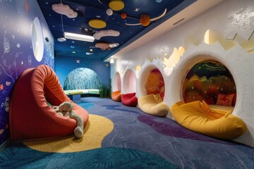 A vibrant playroom with colorful walls and flooring invites children to explore, create, and play in a stimulating environment filled with joy and creativity - obrazy, fototapety, plakaty