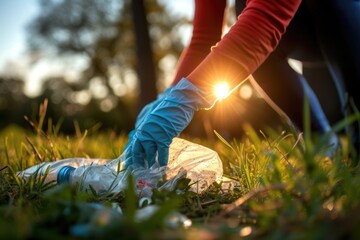 The golden hour of volunteerism, a person's effort to clean the park is illuminated.