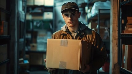 Young delivery man with package in a dark storeroom. focused worker in a cap carrying a box. everyday hero of logistics. simple, effective imagery for multiple uses. AI - obrazy, fototapety, plakaty