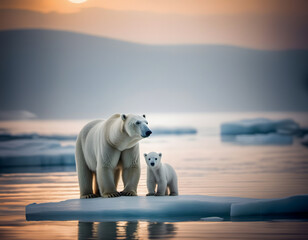 Polar bear and cub. on ice floe. Climate change and and global warming warming concept.
- 741946150