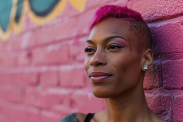 A confident transgender individual with bright pink hair standing proudly in front of a textured brick wall