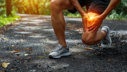 Man holding knee in pain after exercise in park, muscle injurycopyspace available for text placement