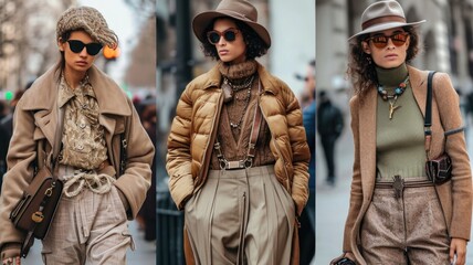 trend Old Money Aesthetic in women's clothing,Triptych of a Stylish Woman in Trendy Attire and Accessories on City Street