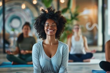 A group of women are seated in a yoga class, focusing on their breathing and yoga poses as they find inner peace and relaxation - obrazy, fototapety, plakaty