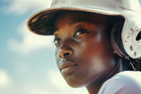 A young girl confidently wears a baseball cap and a crisp white uniform, ready to step up to the plate and play the game