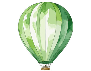 Green single hot air balloon on white background, For design, print and background. Watercolor illustration
