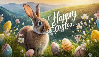 Carte de Pâques, petit lapin avec des oeufs décorés et un paysage en arrière-plan - obrazy, fototapety, plakaty