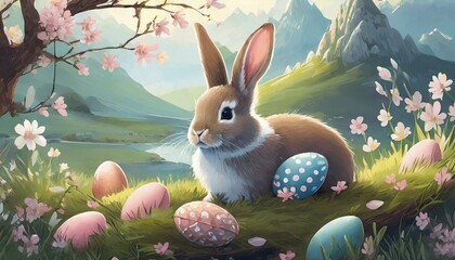 Carte de Pâques, petit lapin avec des oeufs décorés et un paysage en arrière-plan - obrazy, fototapety, plakaty