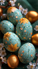 Colorful easter eggs in nest on green background, closeup