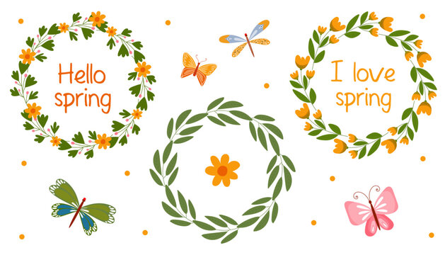 Set of vector spring illustration. Wreath with yellow flowers and green fresh branches, butterflies. Hello spring greeting card for easter and mother's day, design for textile, social media, banner