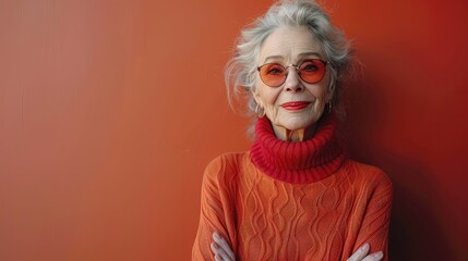 Fashionable senior woman against red background with stylish glasses.