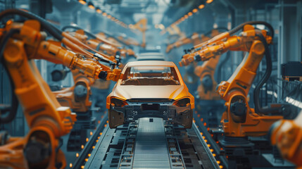 Car construction factory with mechanical arms