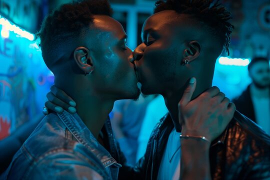Black Male gay couple in their moment of intimacy at night in a night club.
