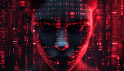 Genderless person face, red glowing abstract digital background. Evil artificial intelligence threat or risk of self aware malignant computer code. Generative AI