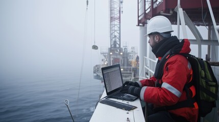 A man is using a laptop computer on a boat, surrounded by the vast expanse of water and sky in the ocean. AIG41